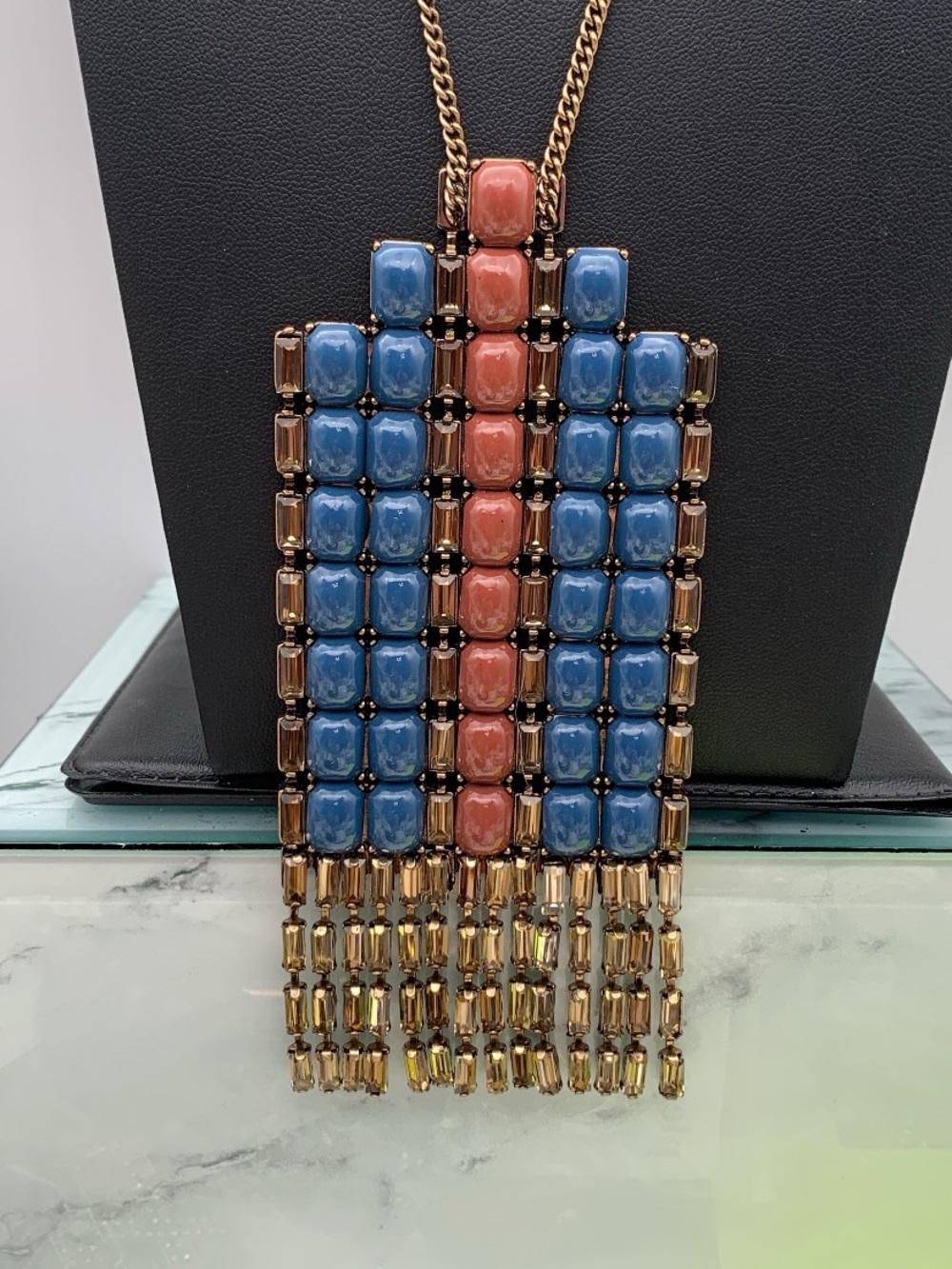Gold tone Blue and dark red Beaded rhinestone Fringe Pendant Necklace 28-30”